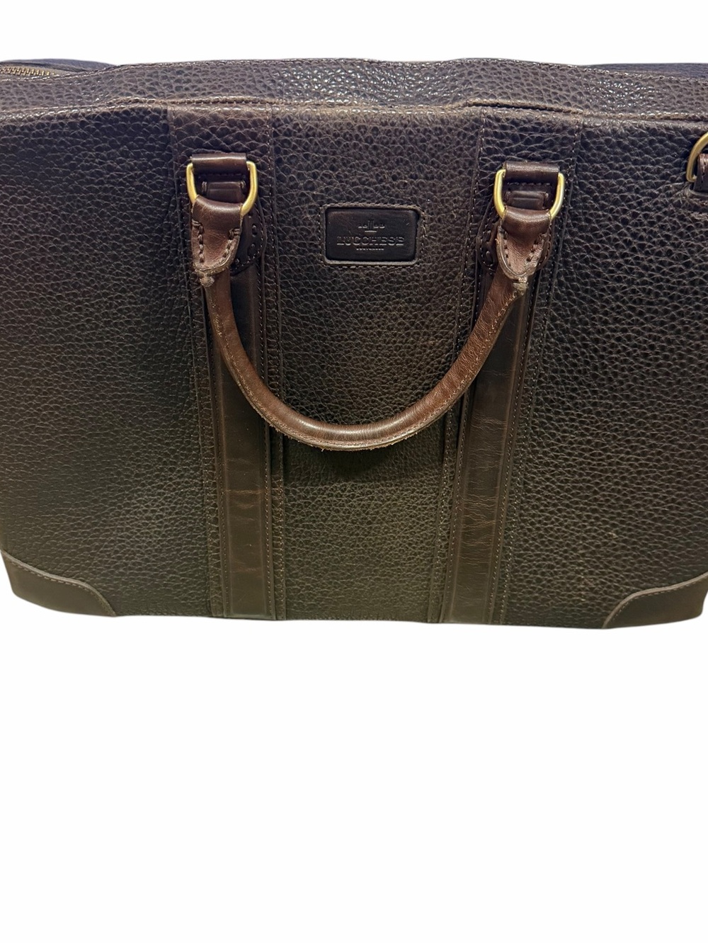 Lucchese Dark Brown Pebbled Leather Briefcase with Gold-Tone Hardware